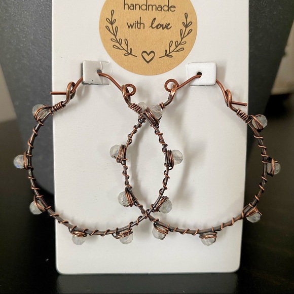 Handcrafted Moonstone + Hammered Copper Hoop Earrings - Picture 7 of 9